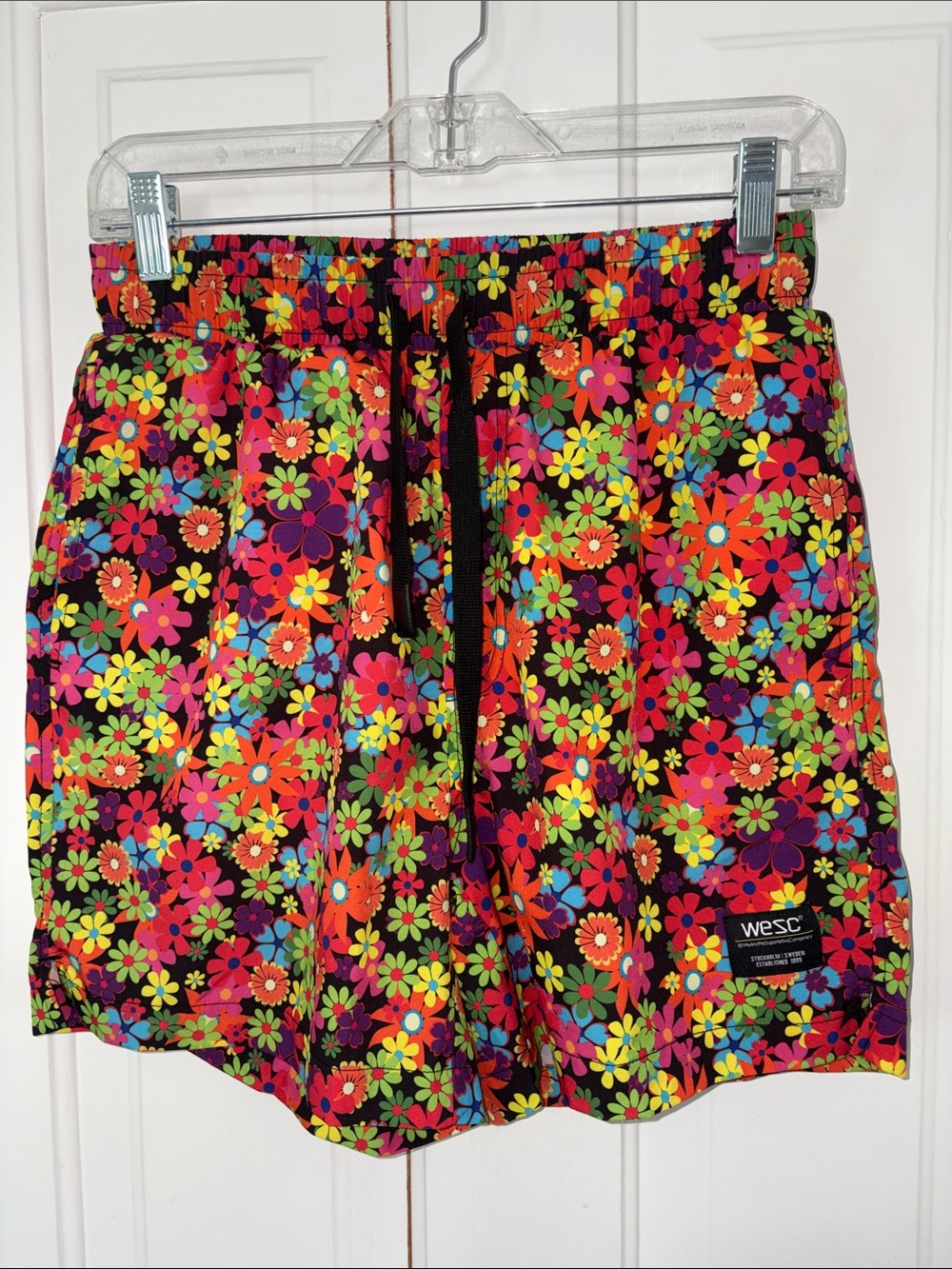 WESC Bright Floral Print Shorts in Black with Multicolor Blooms
